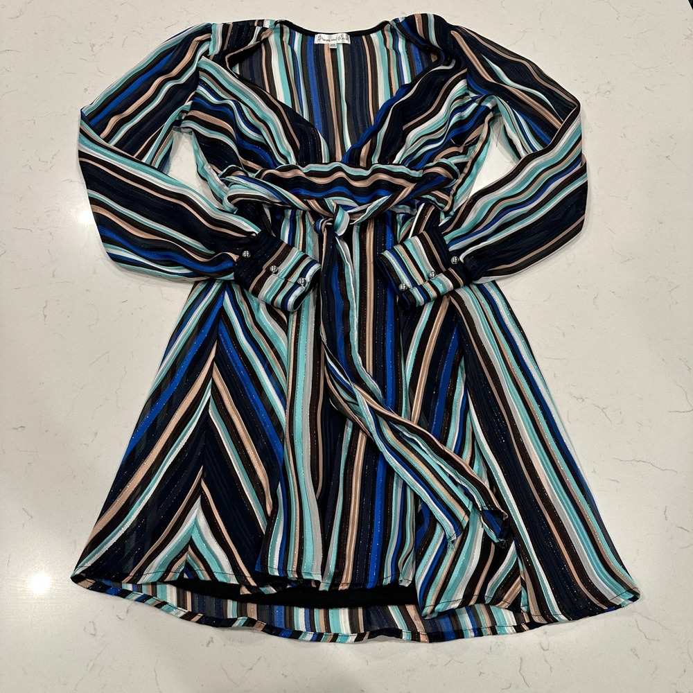 Honey and Rosie Striped V-Neck Mini Dress Blue Teal Lurex Metallic XS